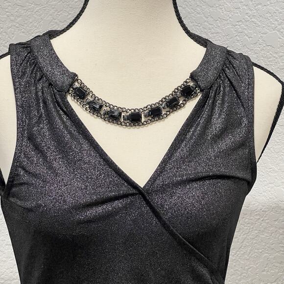 Cache Black Shimmer XS Rhinestone Neckline Glam Y2K Clubwear Party Blouse VTG - Picture 2 of 8
